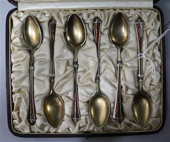 A set of late 19th century Norwegian silver gilt and enamel silver spoons, retailed by Tiffany & Co, in Tiffany & Co box, 10.7cm.